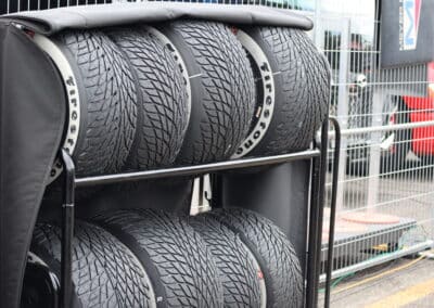 A general view of wet-weather Firestone tires.