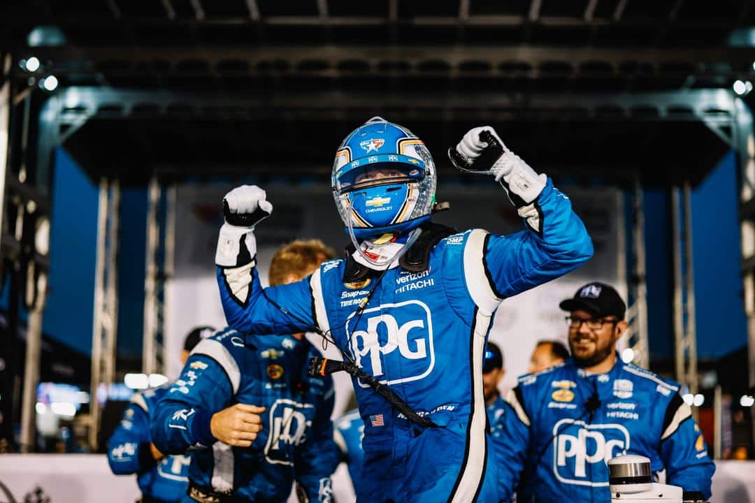 Josef Newgarden celebrates after winning at World Wide Technology Raceway.