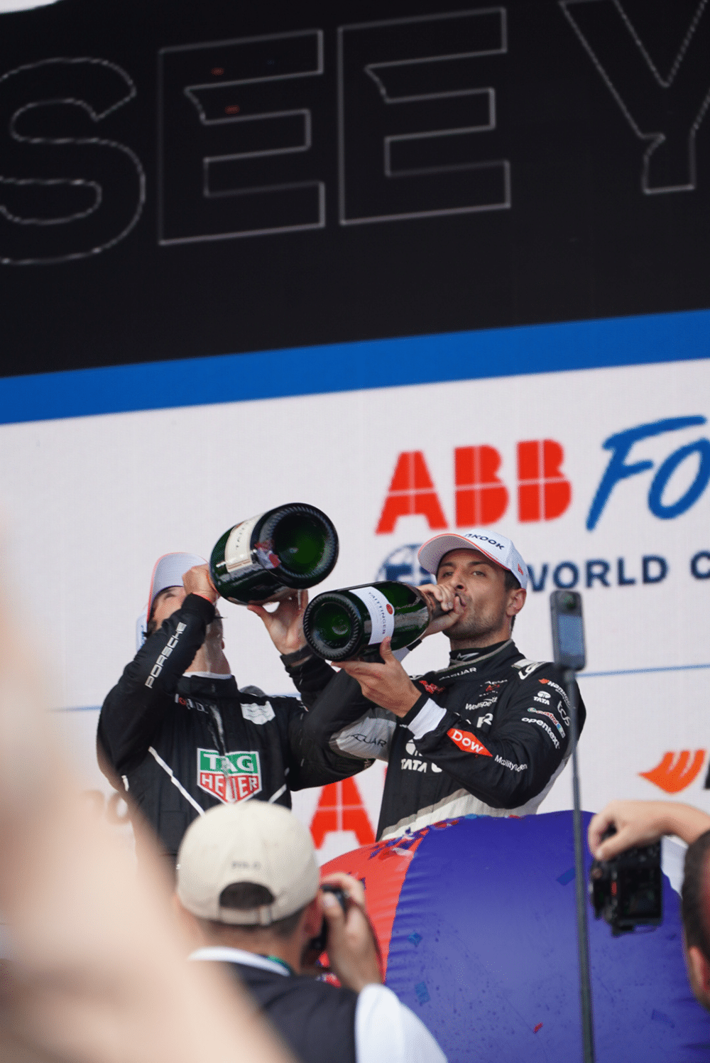 Winners celebrating with champagne