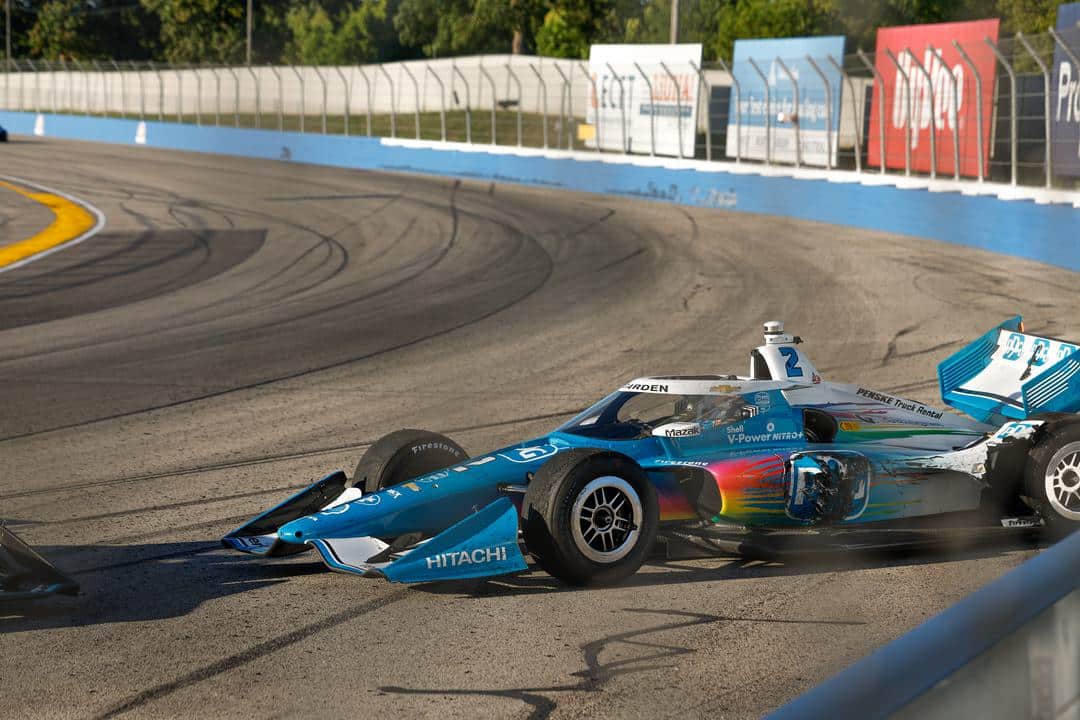 Josef Newgarden crashes at Milwaukee.