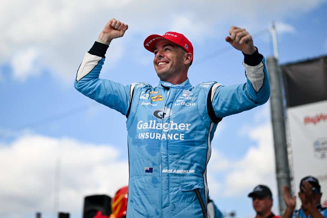 Scott McLaughlin celebrates in Victory Lane at Milwaukee.