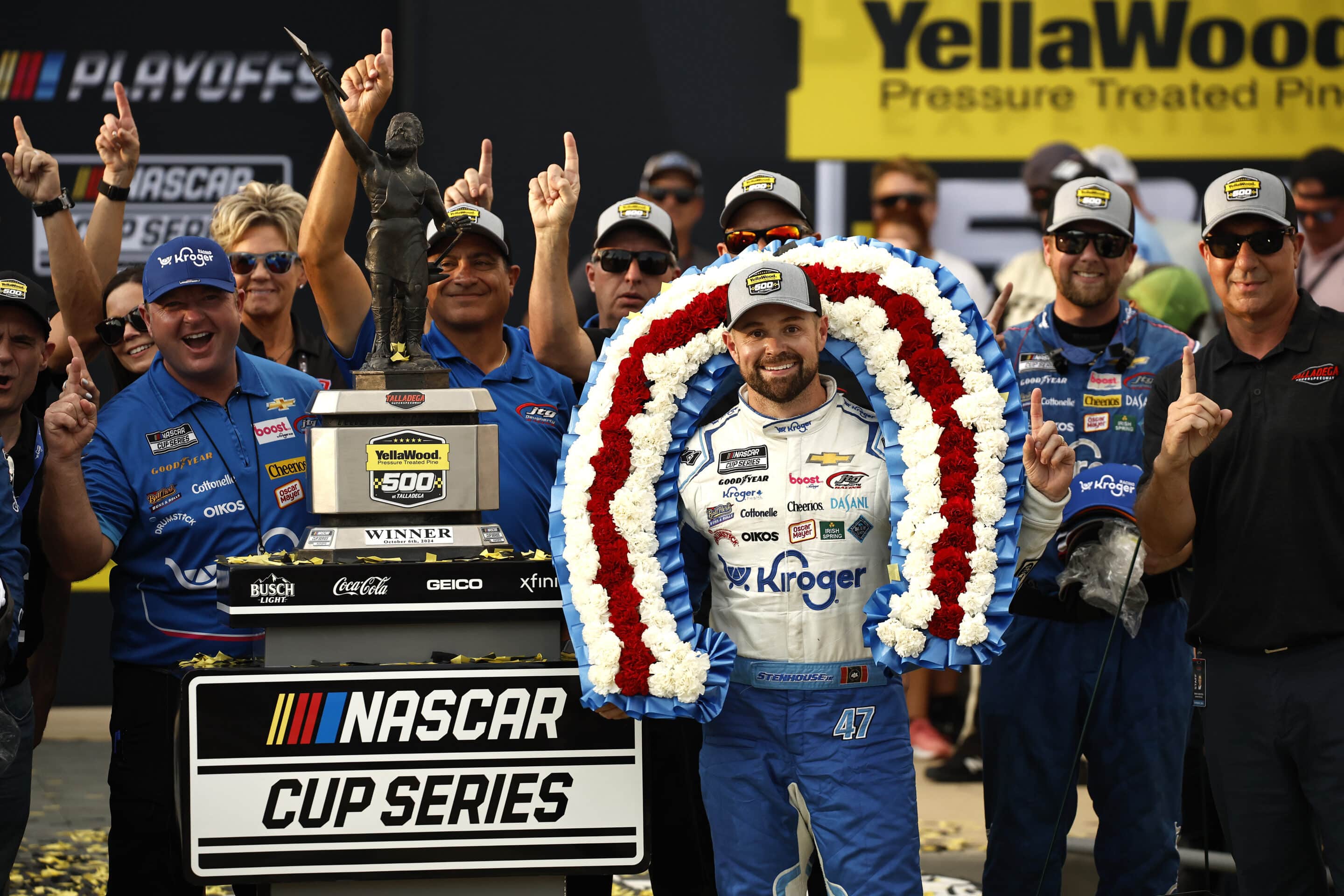 Ricky Stenhouse Jr. celebrates in Victory Lane at Talladega.