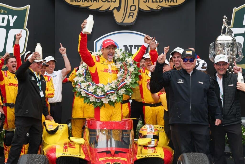 Alex Palou celebrates in Victory Lane at Indianapolis.