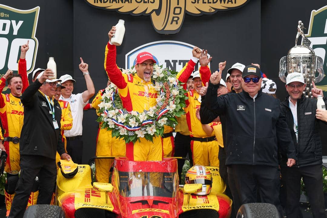 Alex Palou celebrates in Victory Lane at Indianapolis.