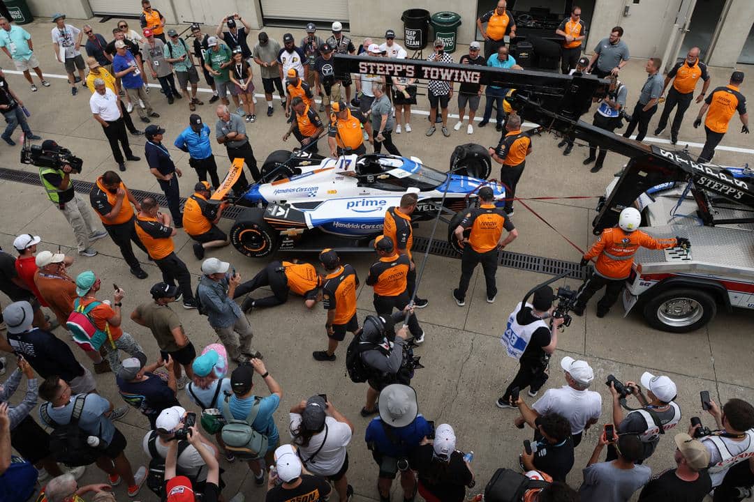 Kyle Larson's car in the garage area at Indianapolis.