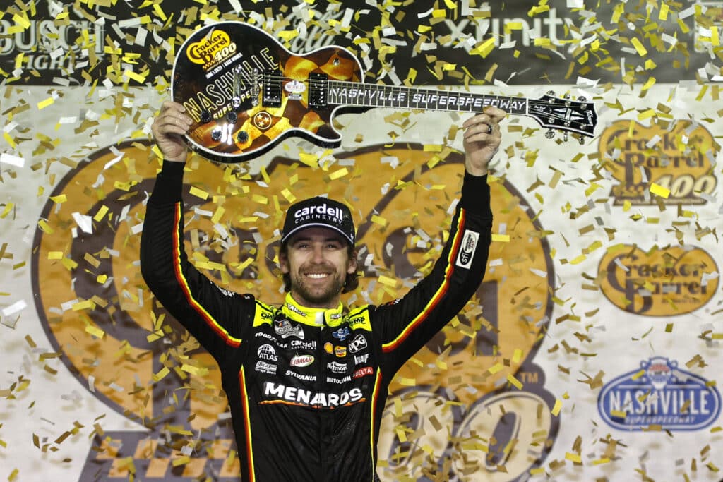 Ryan Blaney celebrates in Victory Lane at Nashville.