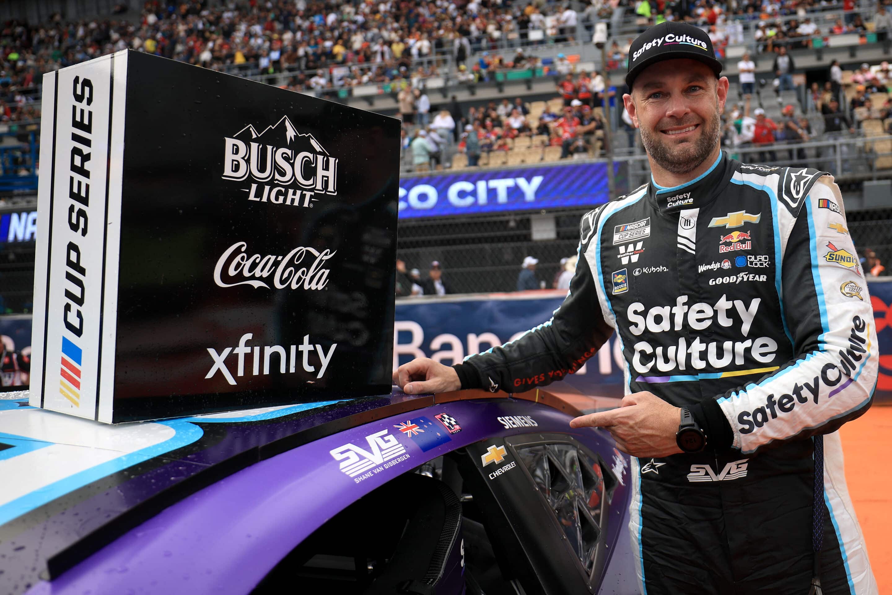 Shane van Gisbergen celebrates after winning in Mexico City.