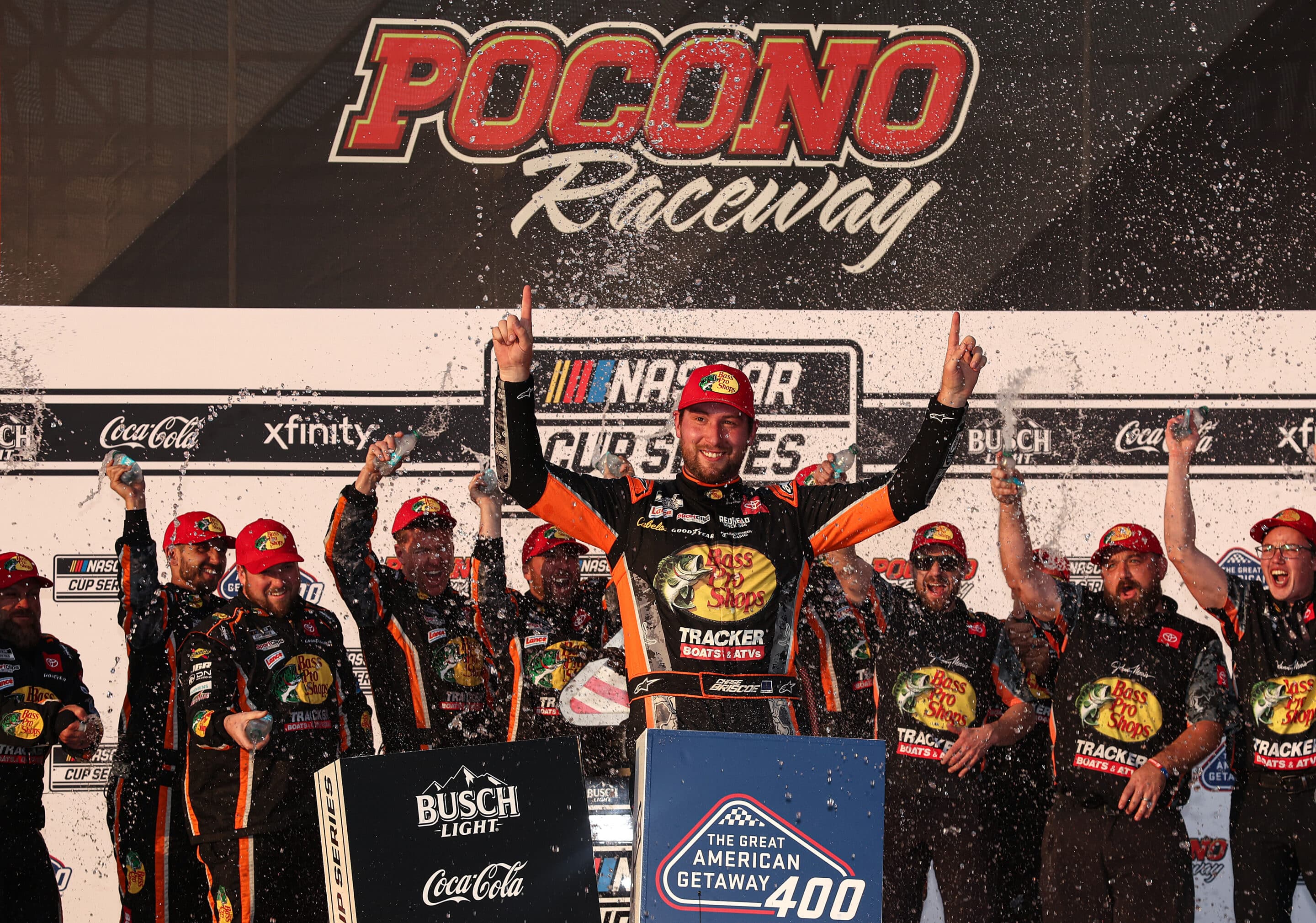 Chase Briscoe celebrates in Victory Lane at Pocono.