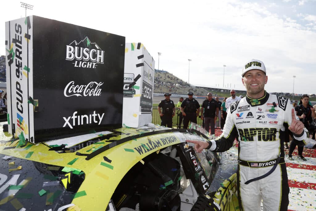 William Byron celebrates in Victory Lane at Iowa.