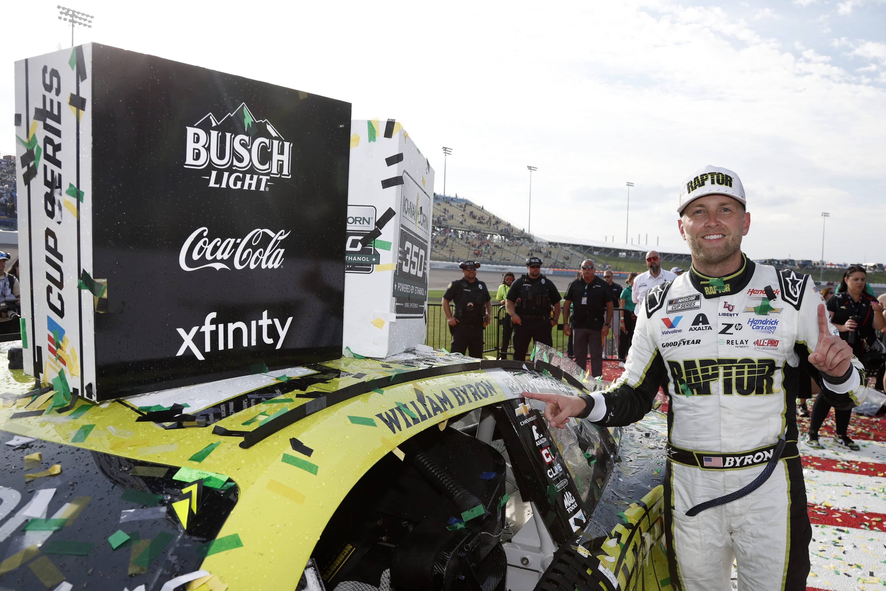 William Byron celebrates in Victory Lane at Iowa.