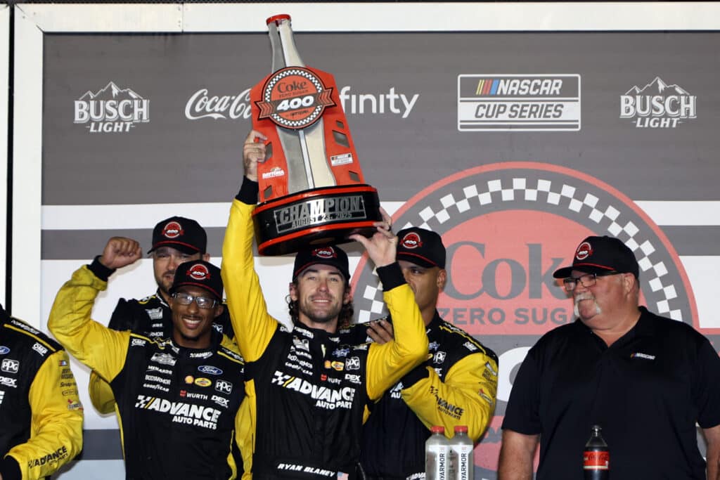 Ryan Blaney celebrates in Victory Lane at Daytona.