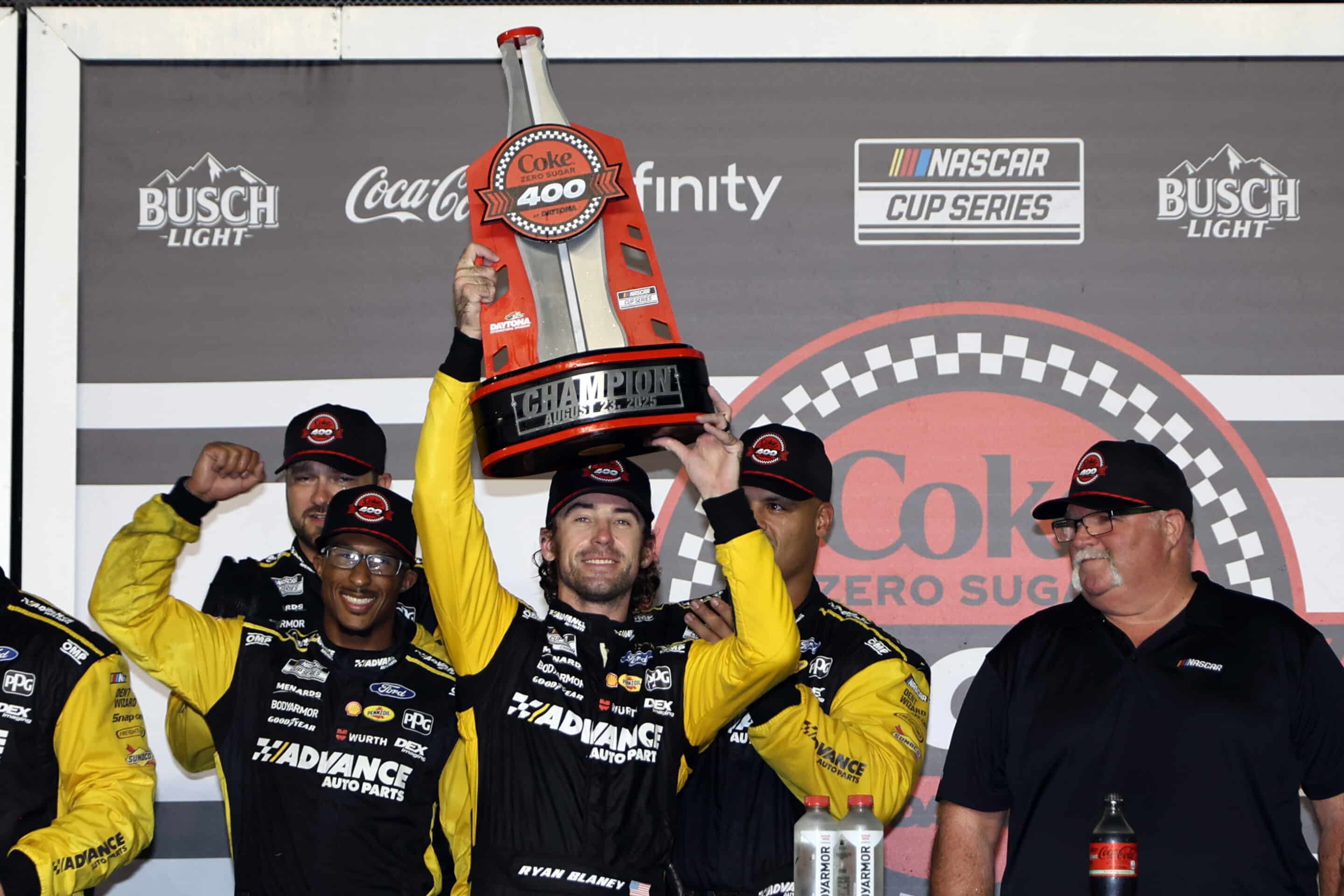 Ryan Blaney celebrates in Victory Lane at Daytona.