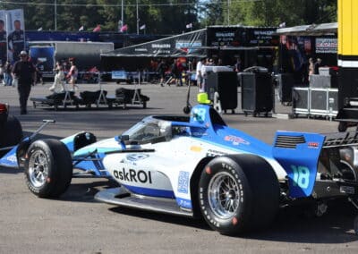 Rinus VeeKay's car sits in the garage at Portland.