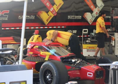 Alex Palou's car sits in the garage at Portland.