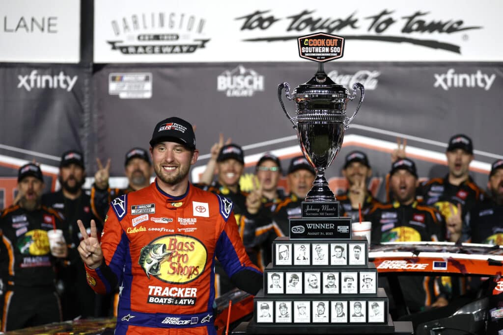 Chase Briscoe celebrates in Victory Lane at Darlington.