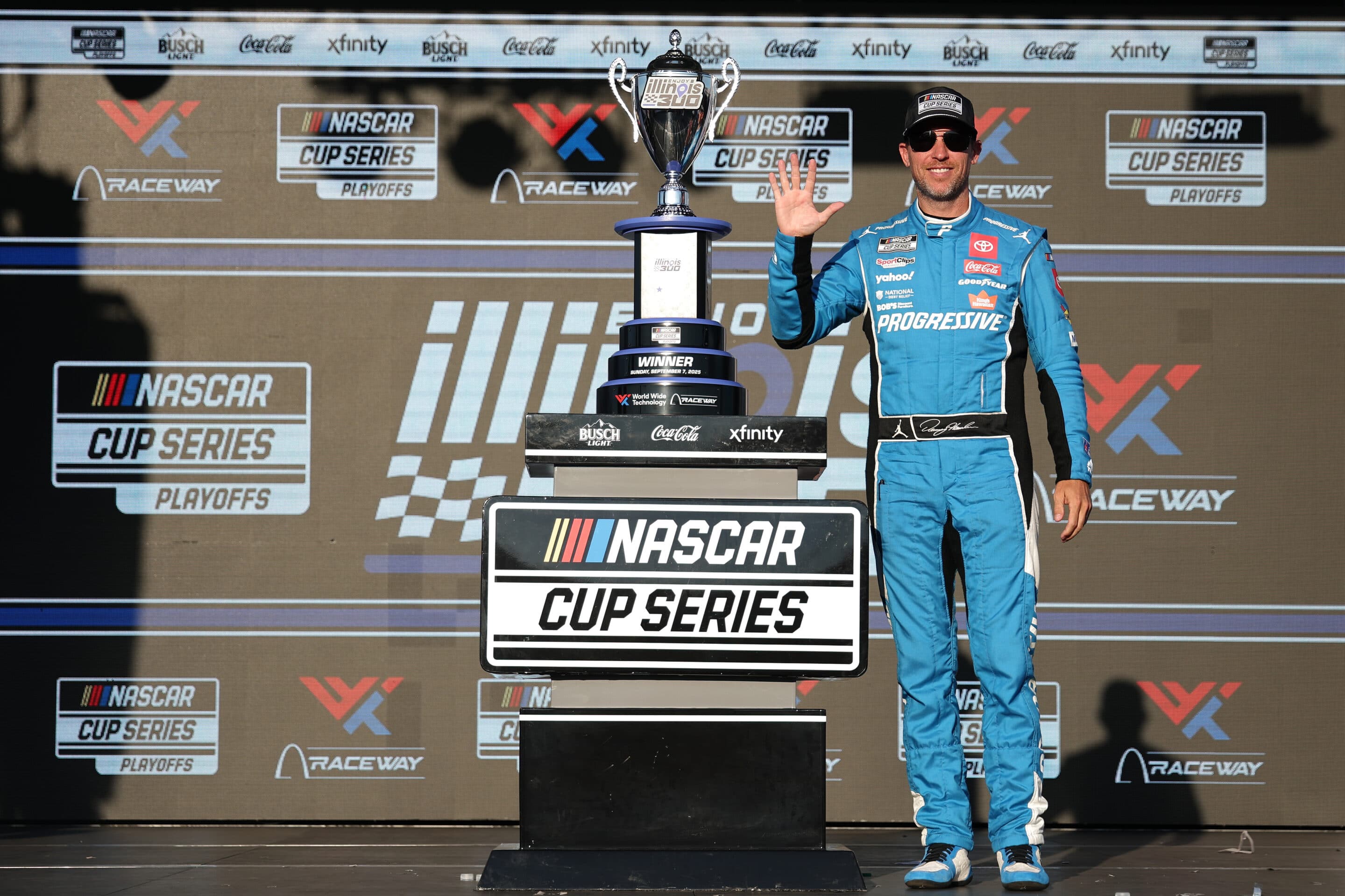 Denny Hamlin celebrates in Victory Lane at Gateway.