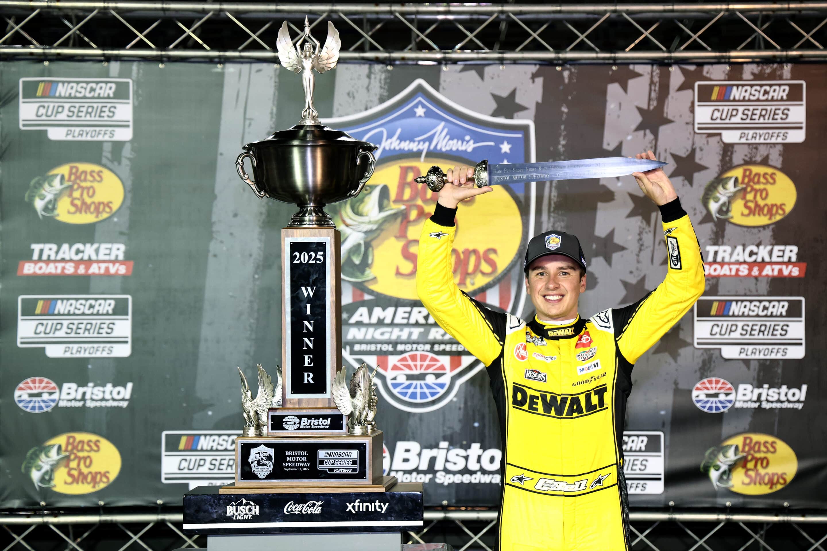 Christopher Bell celebrates in Victory Lane at Bristol.