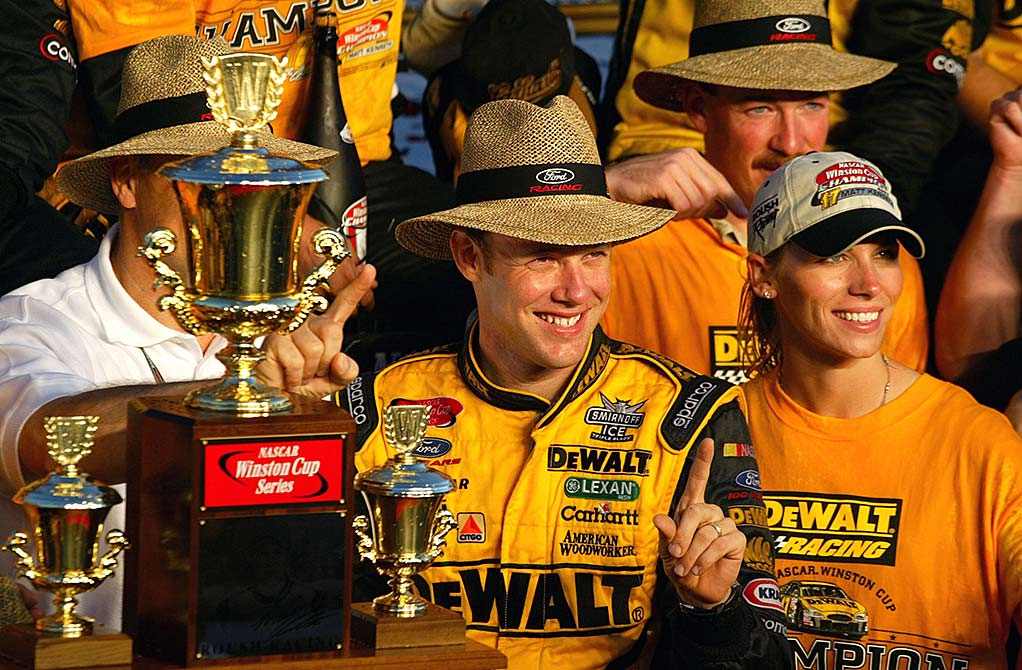 Matt Kenseth celebrates after winning the 2003 Winston Cup title.