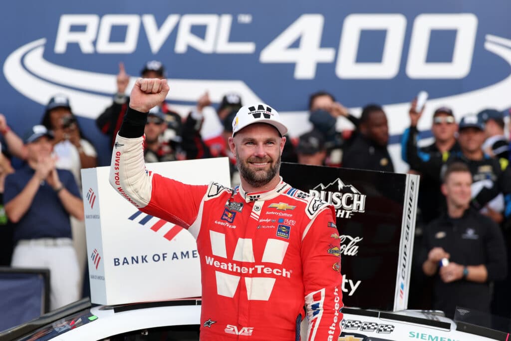 Shane van Gisbergen celebrates in Victory Lane at Charlotte Roval.