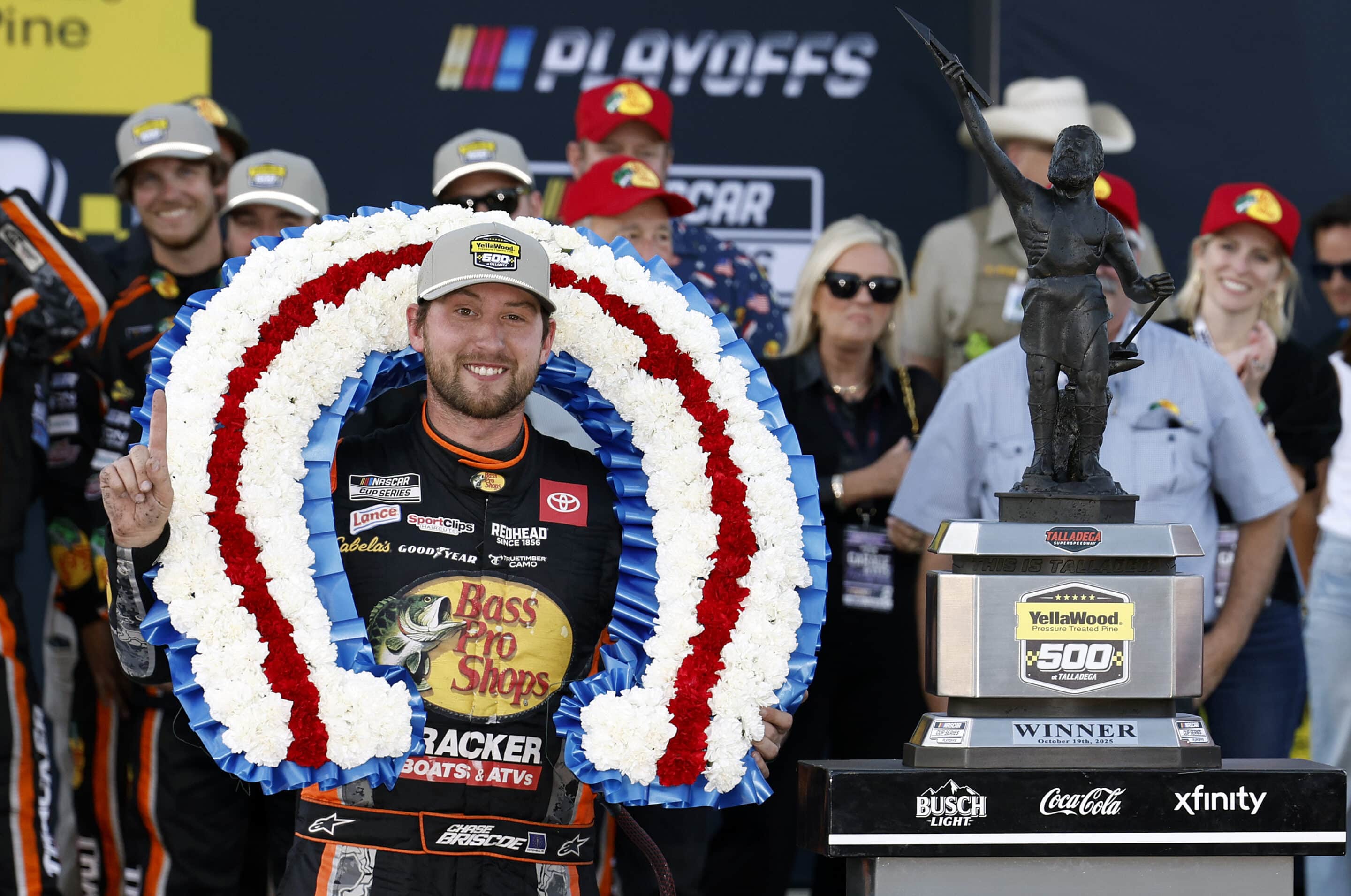 Chase Briscoe celebrates in Victory Lane at Talladega.