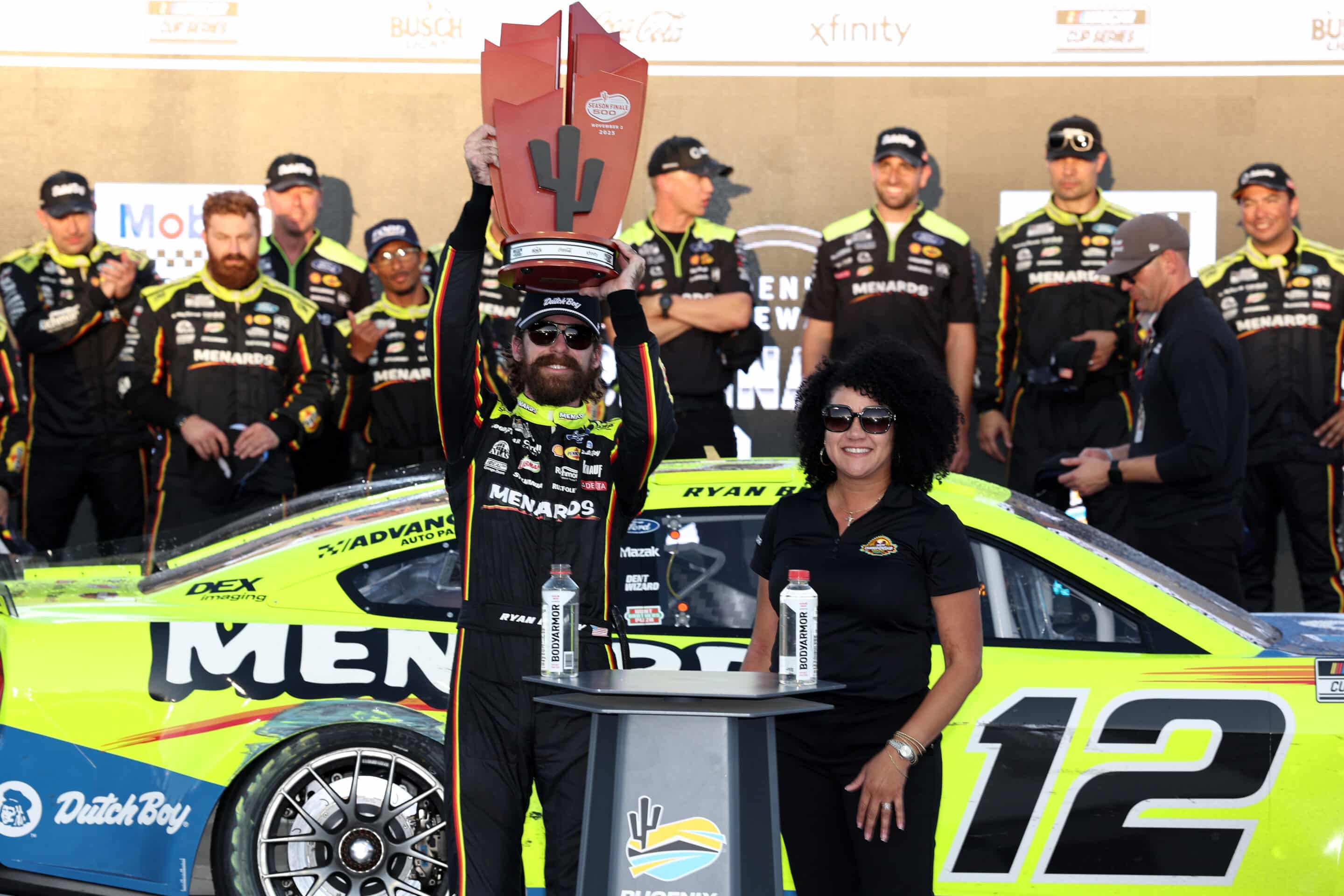 Ryan Blaney celebrates in Victory Lane at Phoenix.