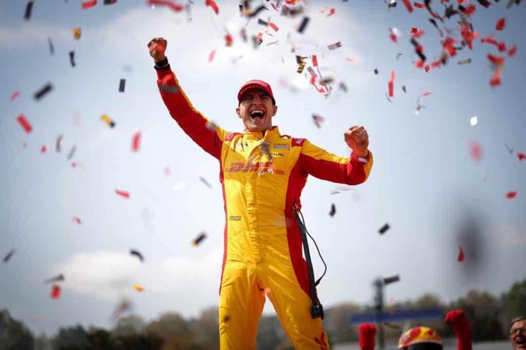 Alex Palou celebrates after winning at Barber.