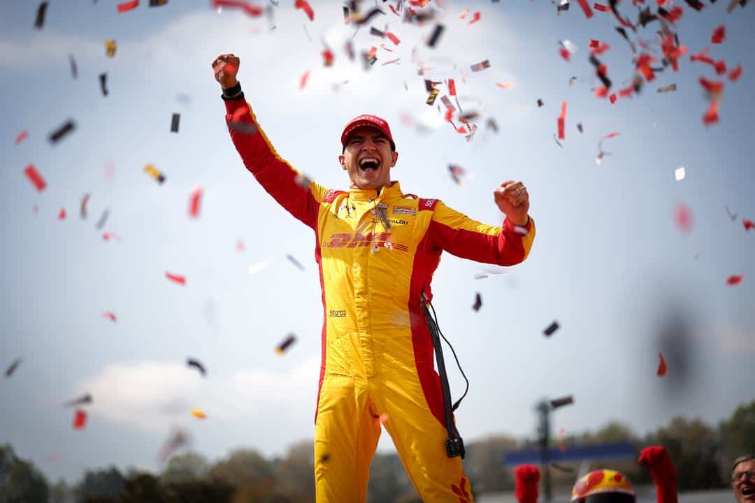 Alex Palou celebrates after winning at Barber.