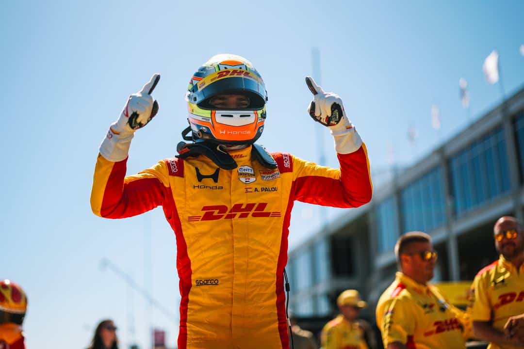 Alex Palou celebrates after winning the pole at Barber.