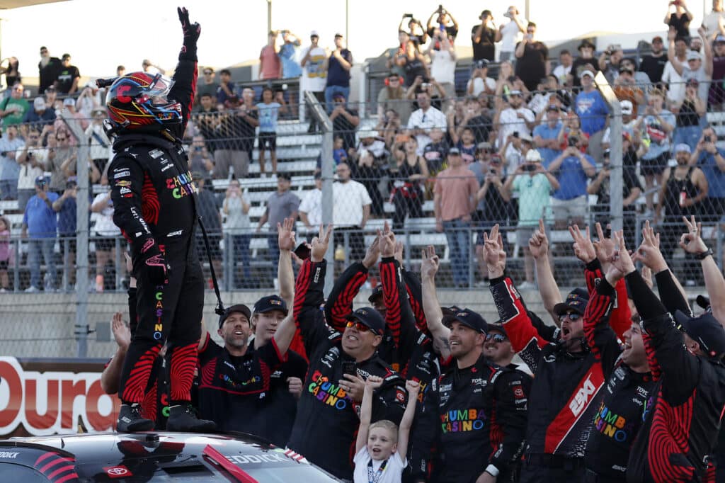 Tyler Reddick celebrates after winning at COTA.