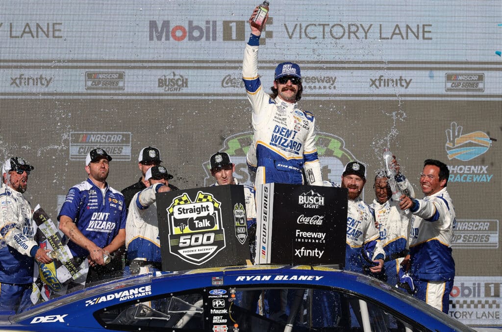 Ryan Blaney celebrates in Victory Lane at Phoenix.
