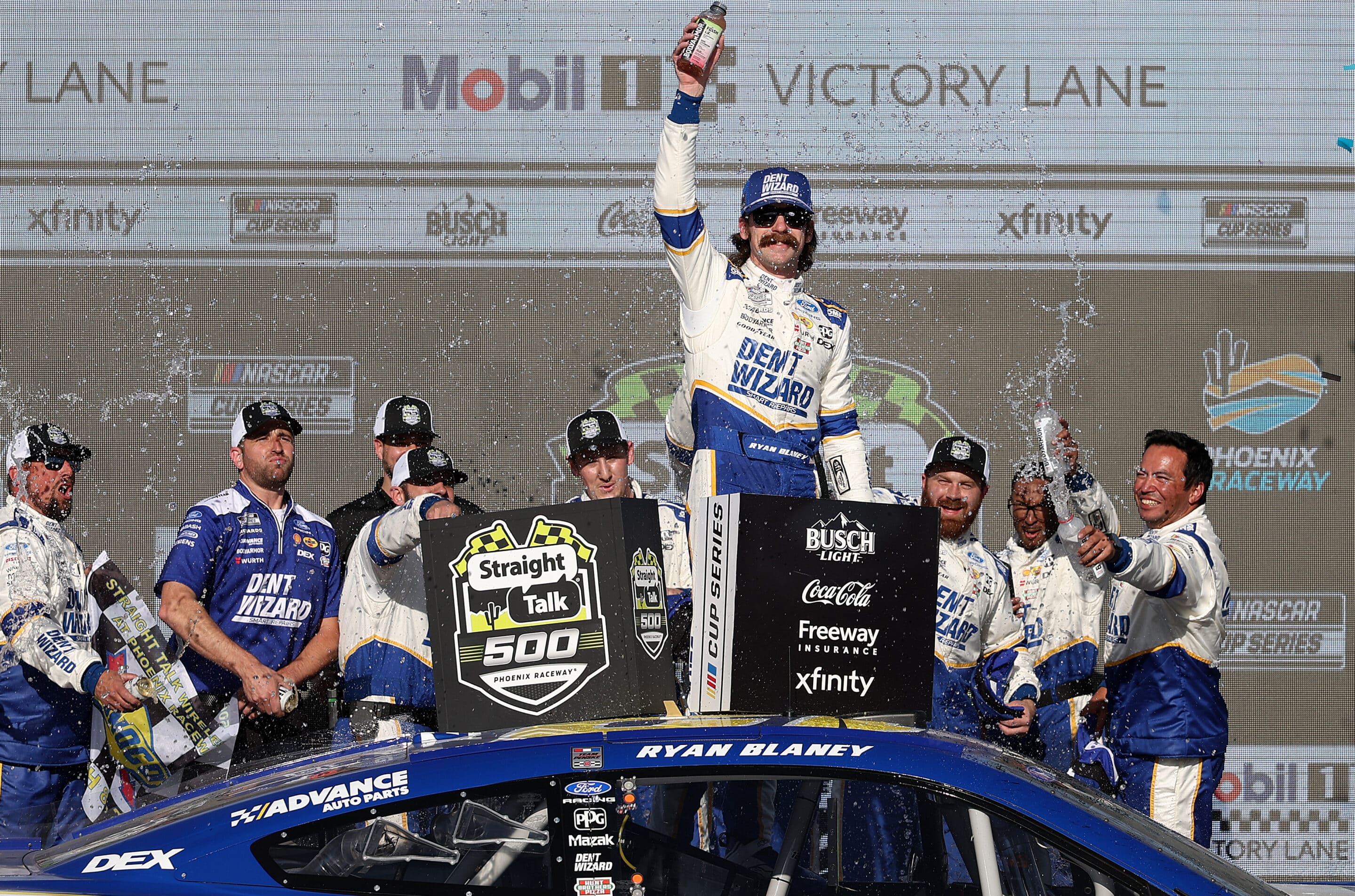 Ryan Blaney celebrates in Victory Lane at Phoenix.