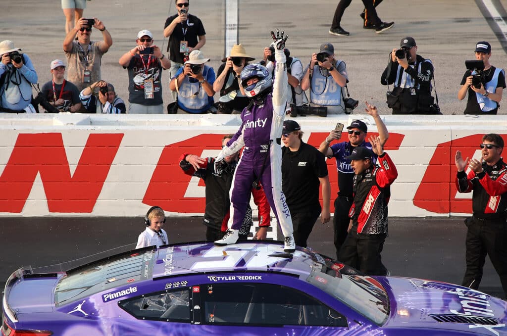 Tyler Reddick celebrates after winning at Darlington.