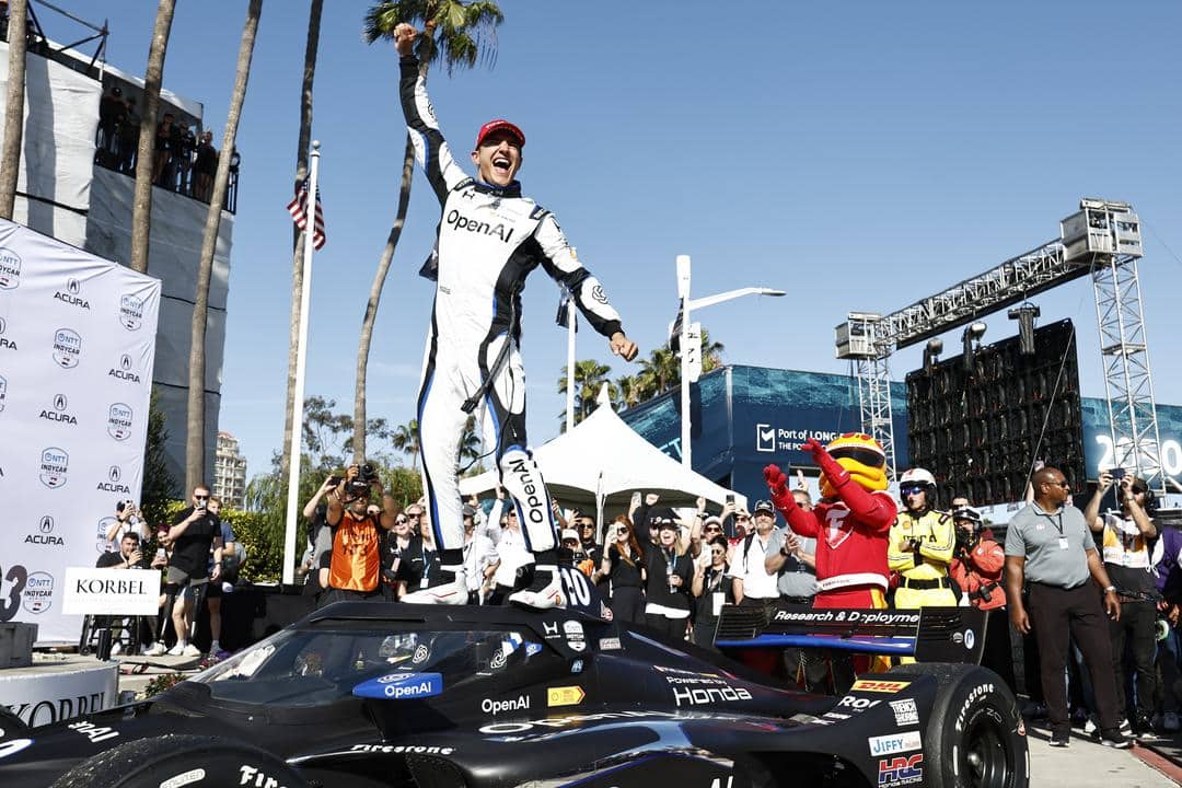 Alex Palou celebrates after winning at Long Beach.