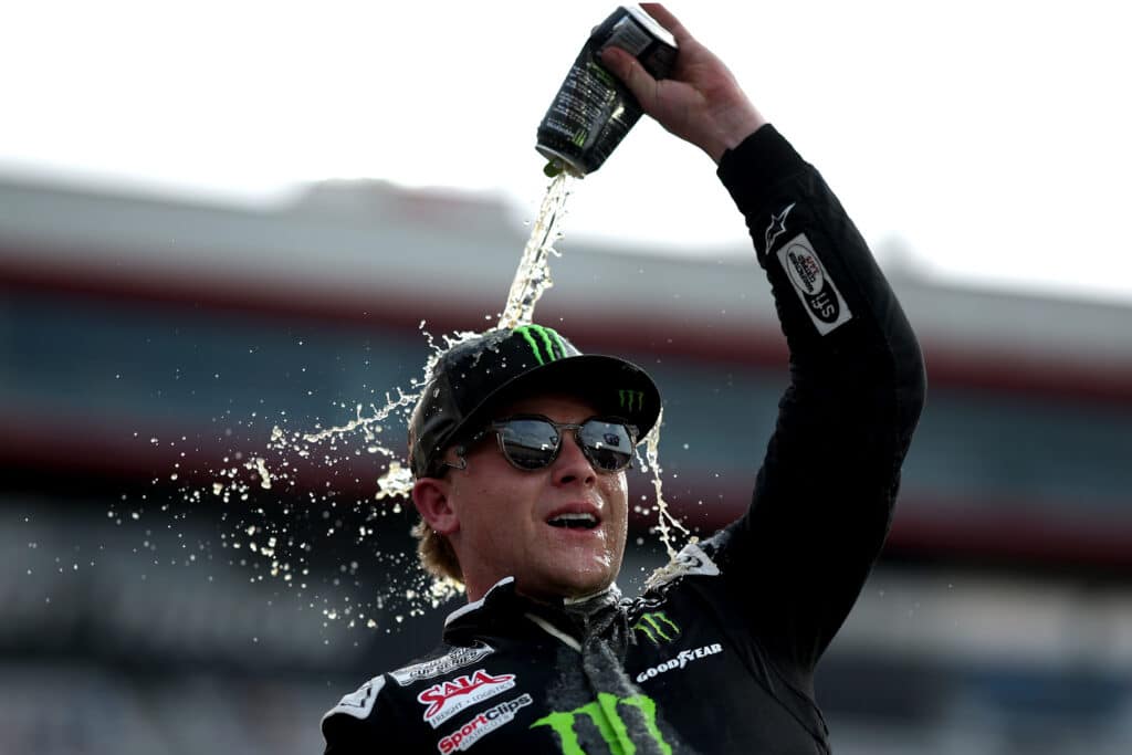 Ty Gibbs celebrates after winning at Bristol.
