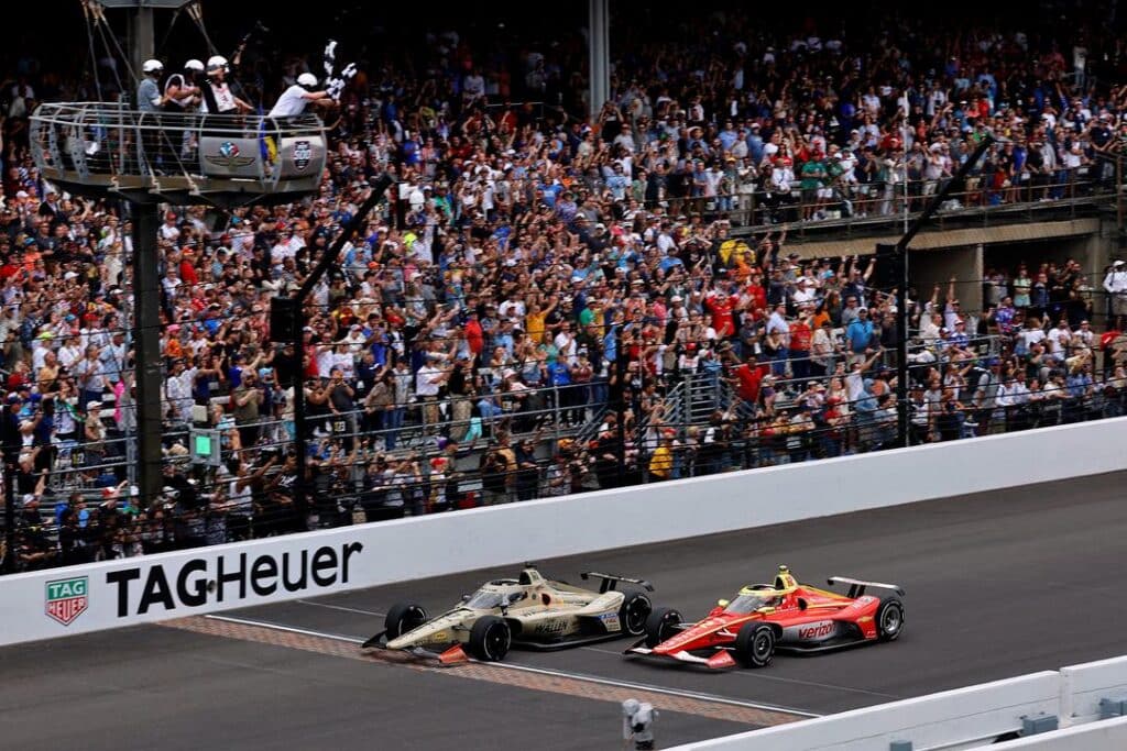 Felix Rosenqvist beats David Malukas for the win at Indianapolis.
