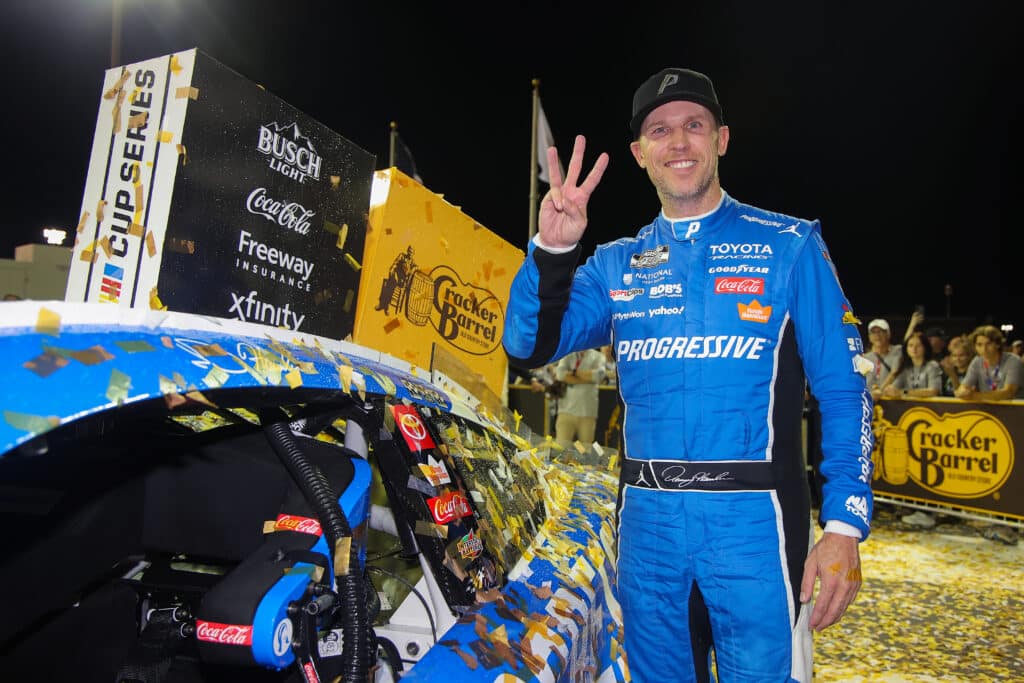 Denny Hamlin celebrates in Victory Lane at Nashville.