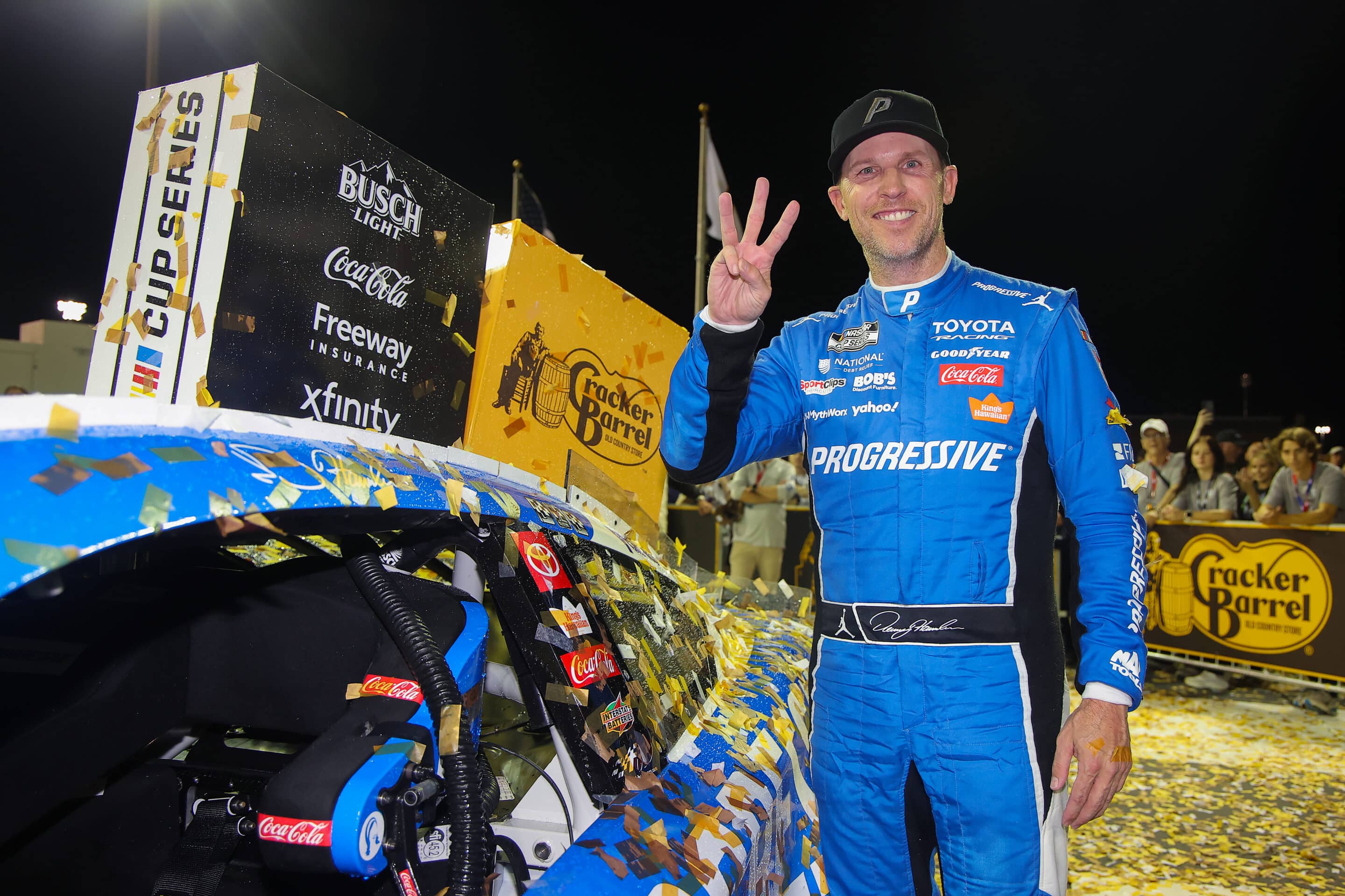 Denny Hamlin celebrates in Victory Lane at Nashville.