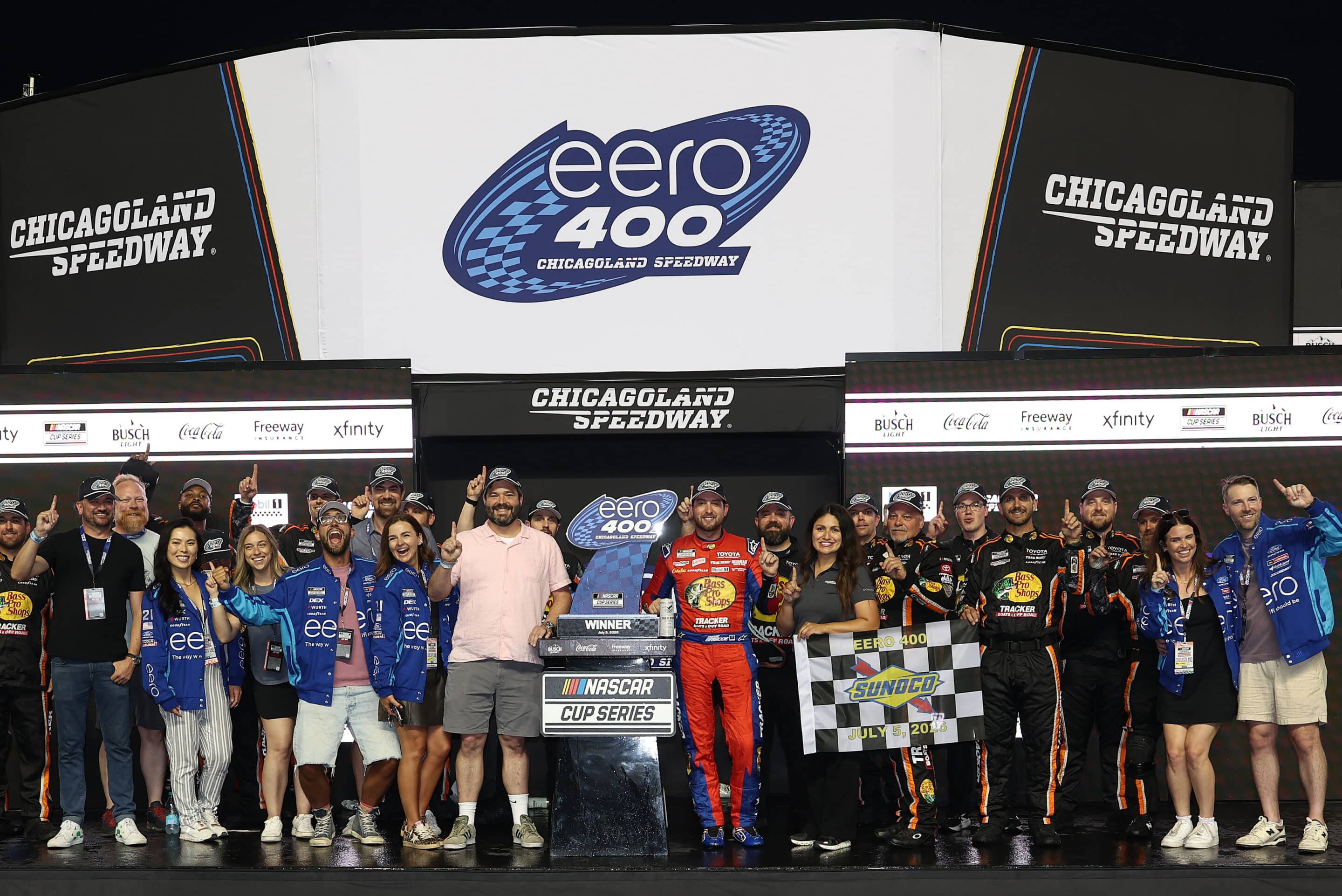 Chase Briscoe celebrates in Victory Lane at Chicagoland.