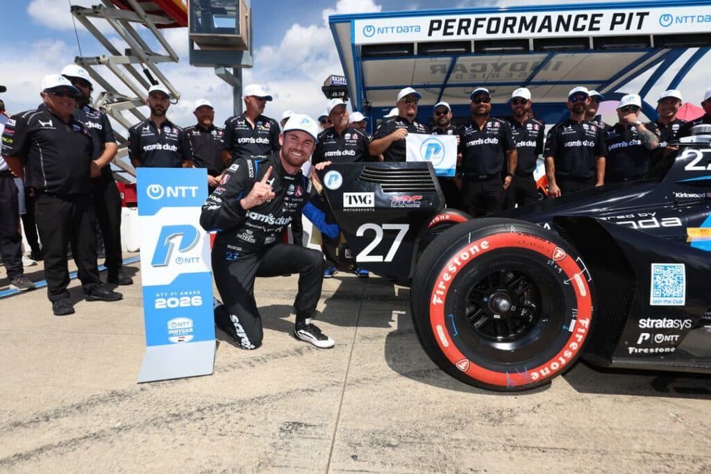 Kyle Kirkwood celebrates after winning the pole at Nashville.