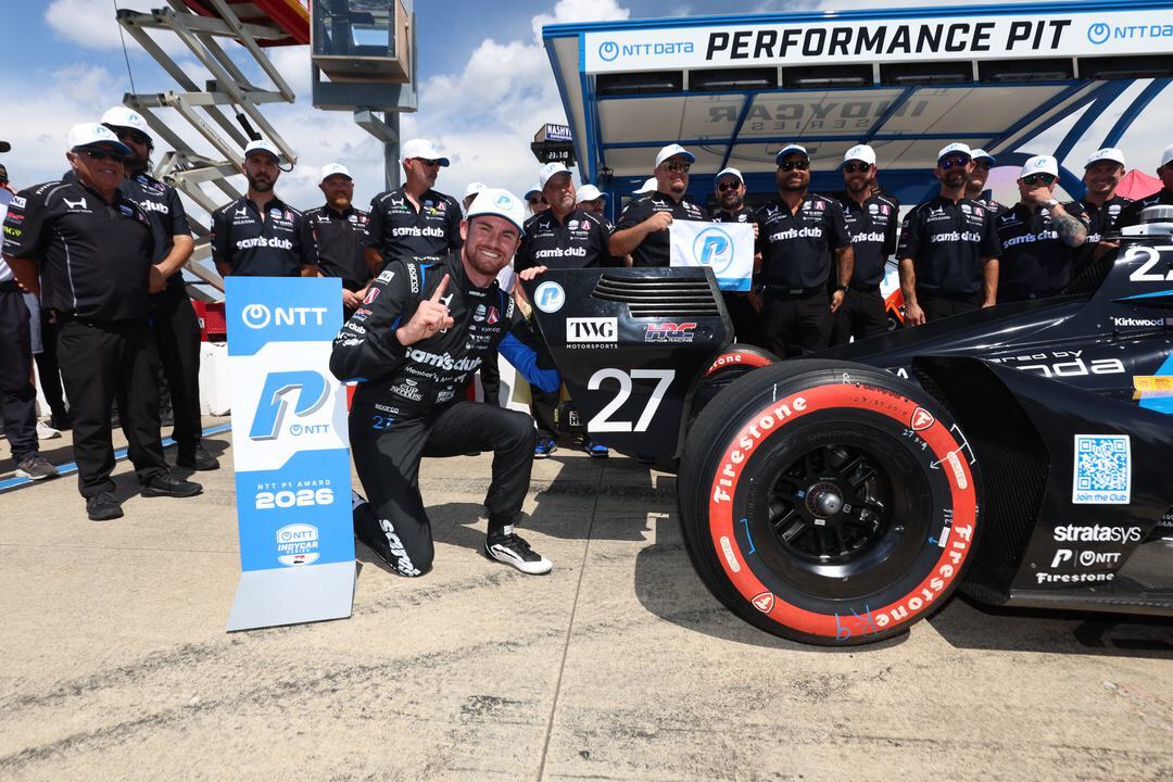 Kyle Kirkwood celebrates after winning the pole at Nashville.