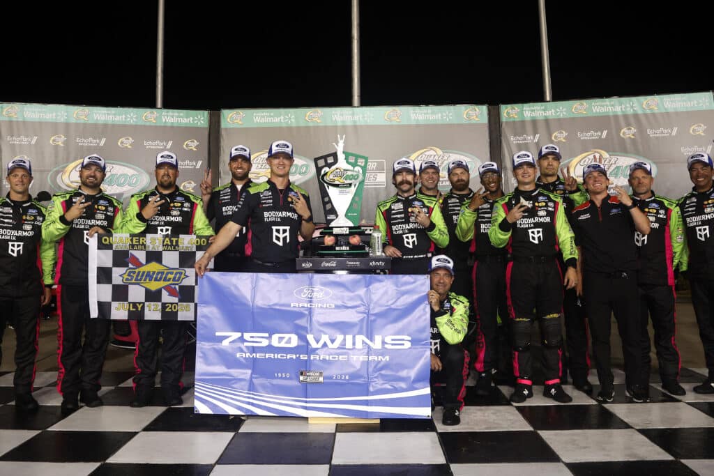 Ryan Blaney celebrates in Victory Lane at EchoPark.