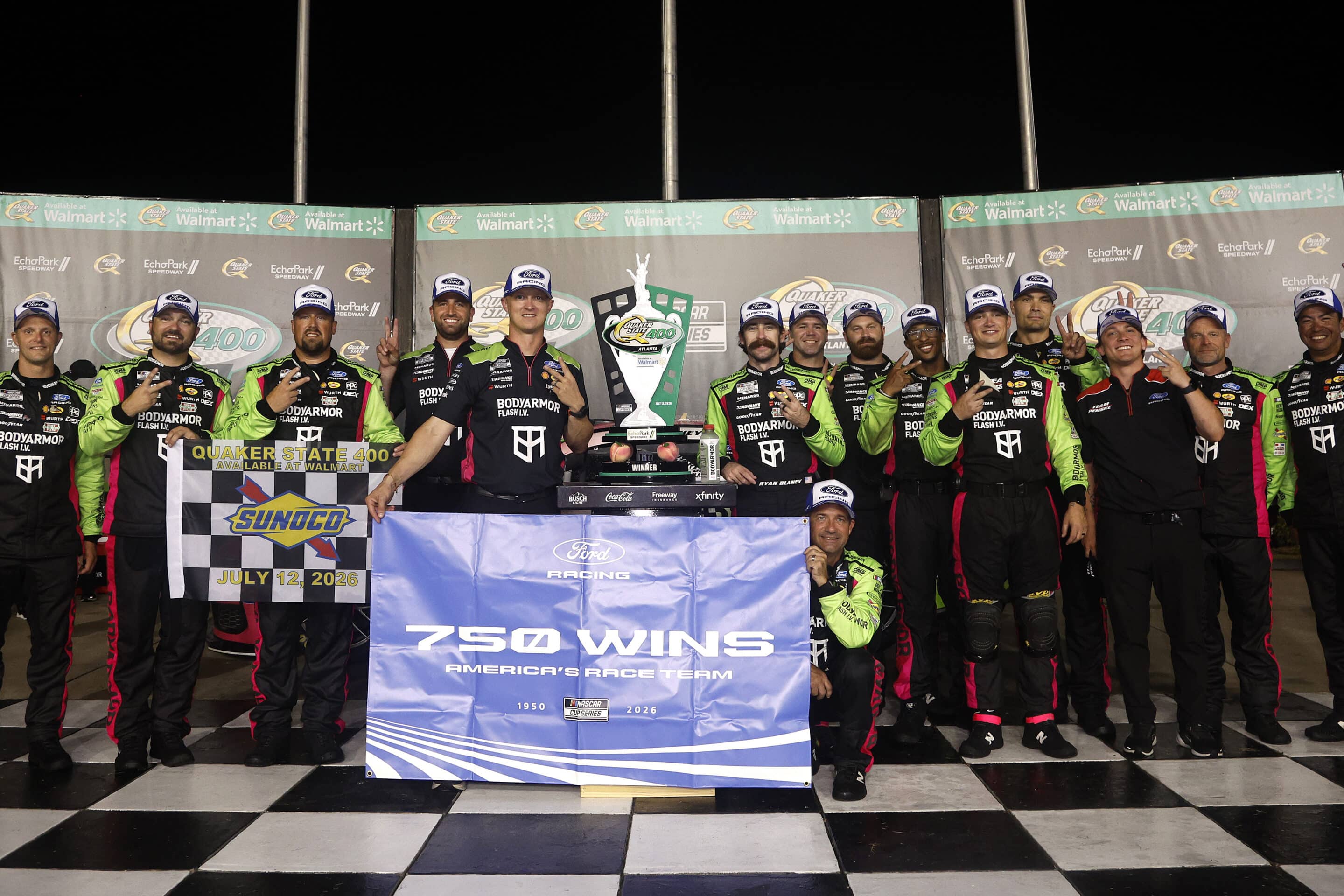 Ryan Blaney celebrates in Victory Lane at EchoPark.