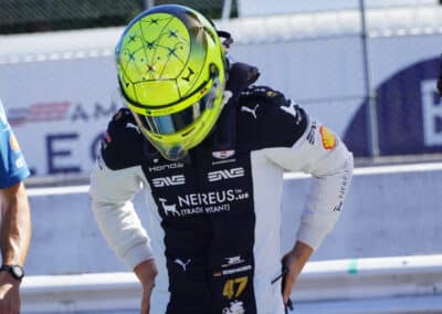Mick Schumacher prepares to enter his car at Portland.