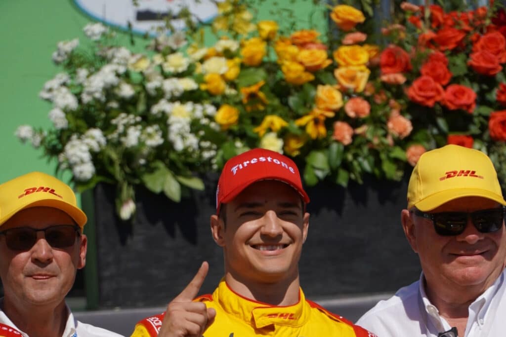 Barry Wanser, Alex Palou and Chip Ganassi celebrate at Portland.