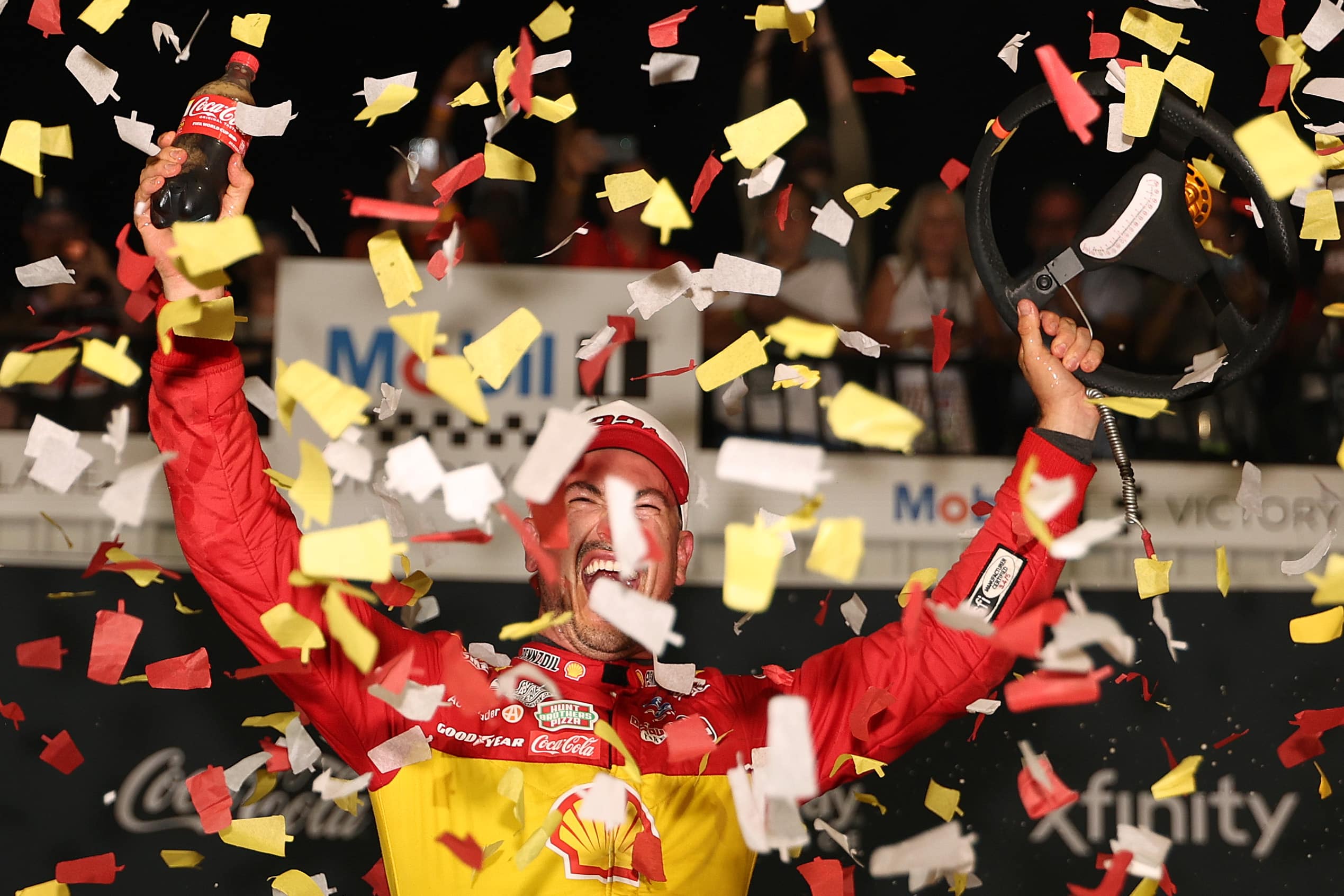Joey Logano celebrates in Victory Lane at Richmond.