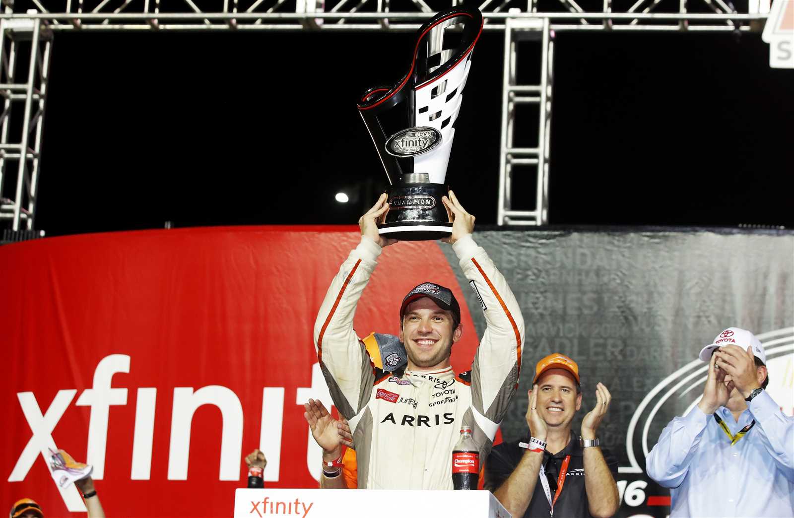 Daniel Suárez celebrates after winning the O'Reilly Series title.