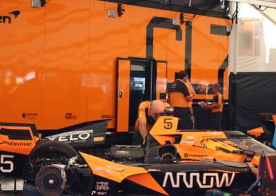 Pato O'Ward's car sits in the paddock at Portland.