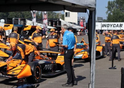 Arrow McLaren cars go through technical inspection at Portland.