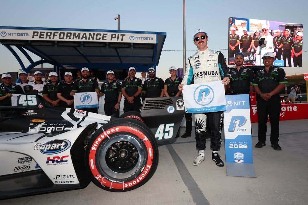 Louis Foster celebrates after winning the pole at Markham.