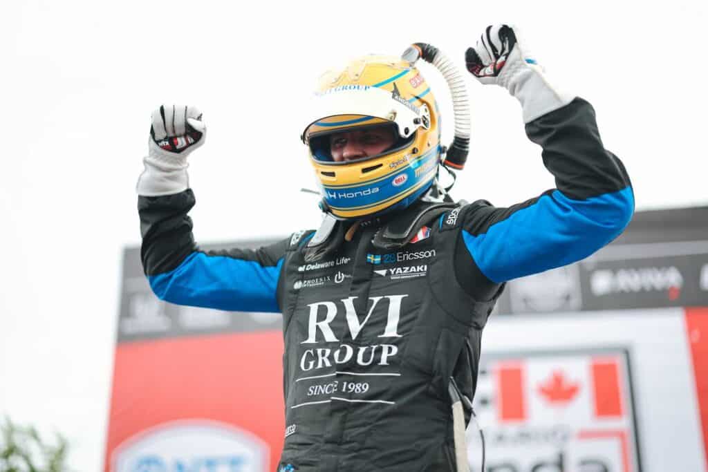 Marcus Ericsson celebrates after winning at Markham.